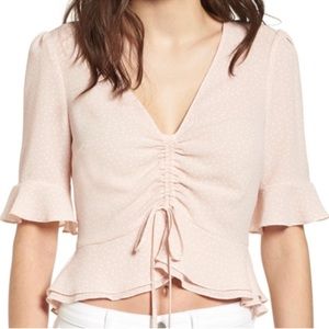 ASTR The Label Pink White Cinched Crop Polka Dot Ruffle Top